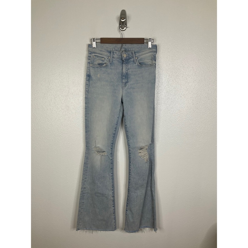 Mother The Weekender Fray Jeans Action Shot Light Wash Distressed Flare Denim